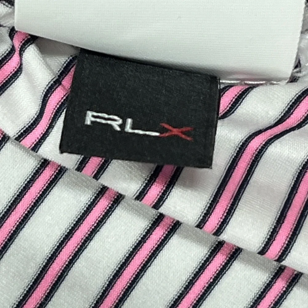 RLX Ralph Lauren Polo Shirt Mens L Pink White Striped Golf‎ Performance Stretch